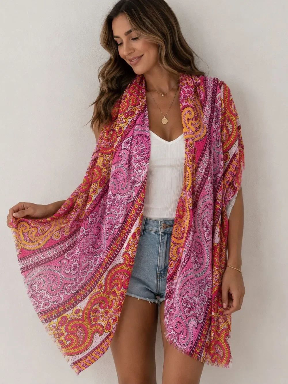 Echo Pink Paisley Scarf Wrap Shawl Boho Festival Fringe 24 x 80 Colorful